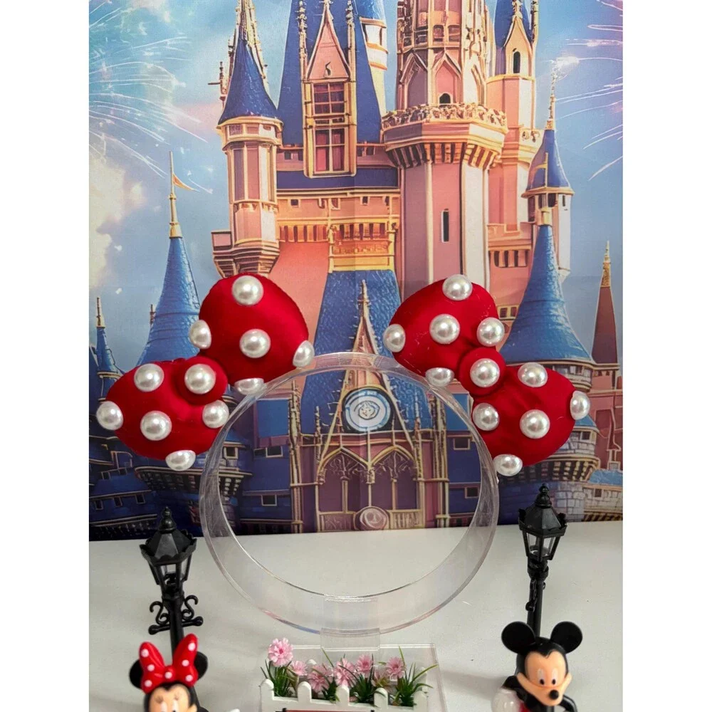 Mouse Red Pearl Polka Dot Bow Hair Clips . 2pc